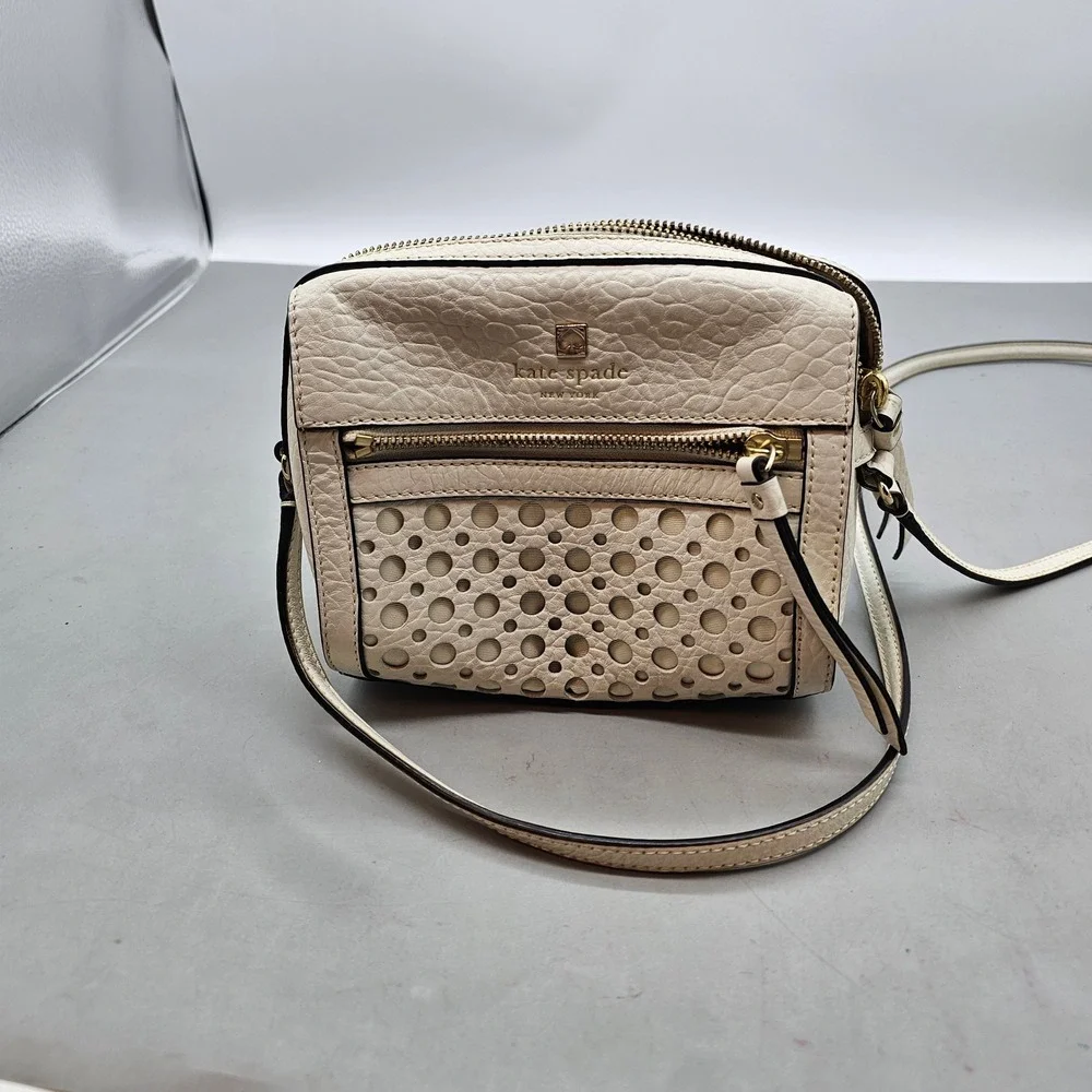 Kate Spade New York Cream Pebbled Leather Camera Crossbody Bag Gold Hardware